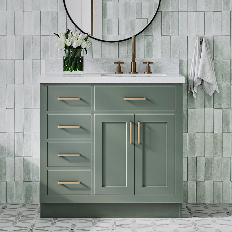 Tidworth 36'' Solid Wood Single Bathroom Vanity with 1.5'' Carrara Marble Top, Right, Rectangular, Vintage Green/Satin Brass