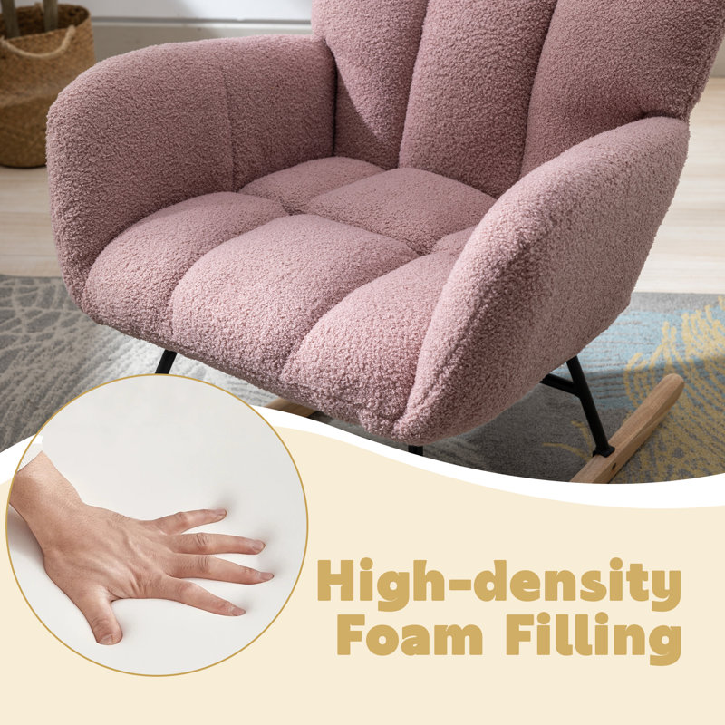 Modern Tufted Teddy Fleece Rocking Chair with Side Pocket, Glider Chair for Nursery & Living Room, Comfy Upholstered Rocker with Wood Sled Base& Metal Frame( Pink)