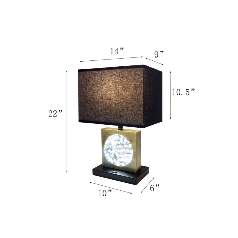 22"H GOLD SQUARE W/ BLACK SHADE CRYSTAL CENTERPIECE WITH NIGHT LIGHT, USB Port + Power  Outlet