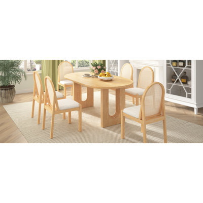 TREXM Farmhouse Dining Table Set For 6, Oval Dining Table With 6 Rattan Upholstered  Chairs, Wood  Dining Table Set With Thickened Table Legs For Kitchen, Dining Room (Natural + Beige Cushion)