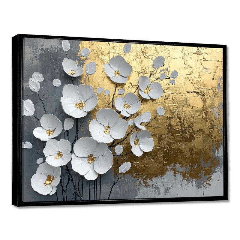 Fleurs blanches et dorées, forme pure de marbre III - coquelicot, art mural, H 30 po x l 40 po, Cadre flottant