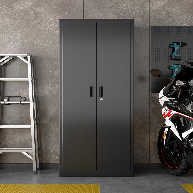 Metal Storage Cabinet with 5 Adjustable Shelves and Pegboard,  Garage Storage Cabinet with Lockable Doors for Garage,Office,Home,Gym,School, Lockable File Cabinet, Black