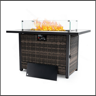 Table de foyer d'extérieur au gaz propane 50 000 BTU avec foyer avec couvercle en verre et base en osier de protection contre le vent pour le jardin, le patio, la cour arrière, 44 po