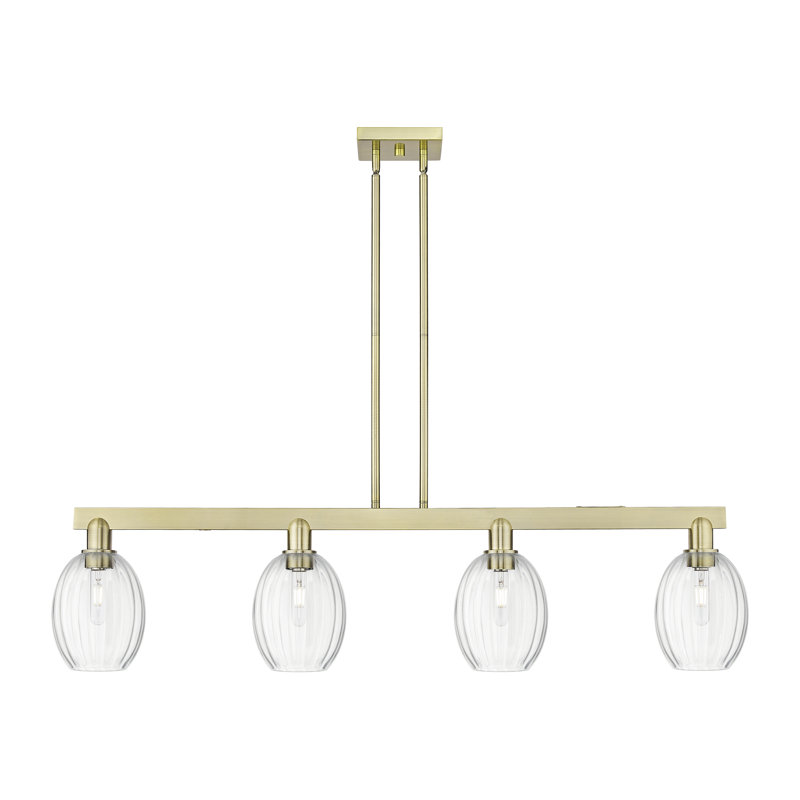 Hailsham - Luminaire suspendu pour îlot de cuisine avec abat-jour cloche 4 lumières, Clair, Laiton antique