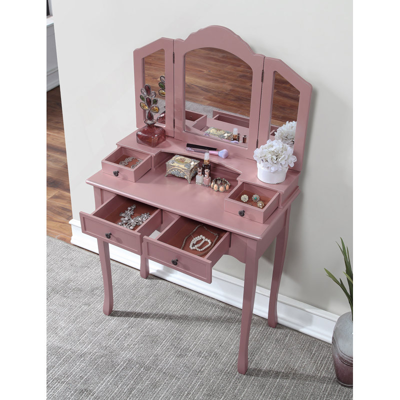 Ensemble coiffeuse et tabouret en bois Sanlo, Or rose