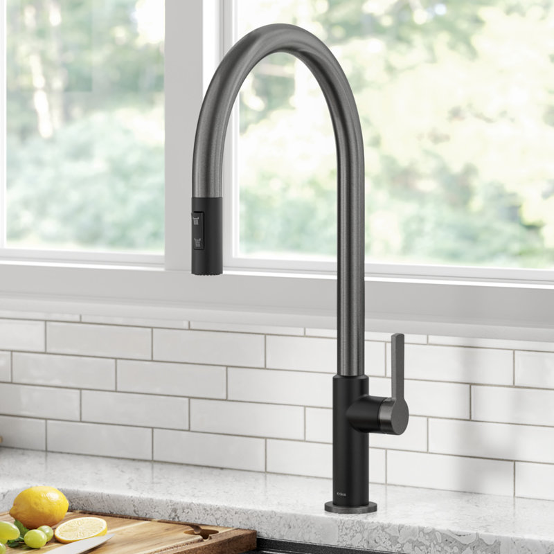Oletto Pull Down Single Handle Kitchen Faucet, Black Stainless Steel