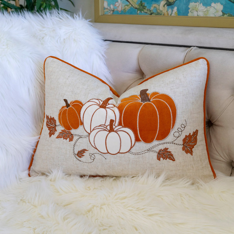 Coussin lombaire brodé citrouille, Blanc