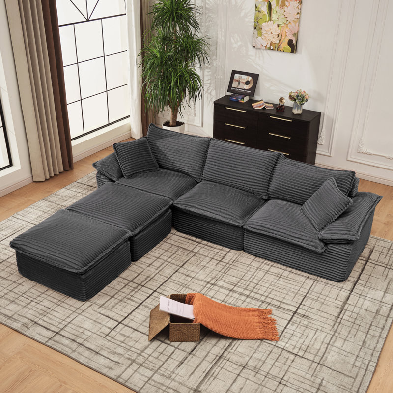 Canapé-lit en U gris tissu de 113 po sans assemblage requis, avec repose-pieds mobile, Grey Fabric