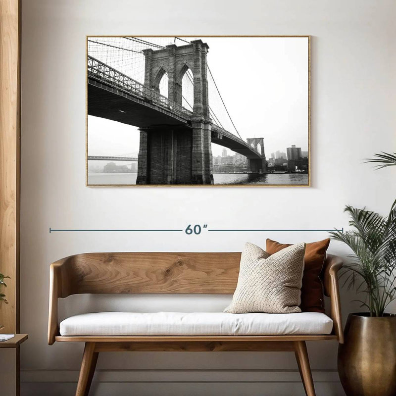 Pont monochromatique de Brooklyn, Cadre flottant en bois naturel, 46 po x 31 po