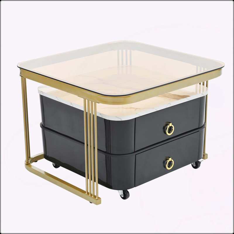 2-in-1 Square Nesting Coffee Table with Wheels & Drawers, Stackable Side Table with High Gloss Marble Grain Top, End Table Set for Living Room