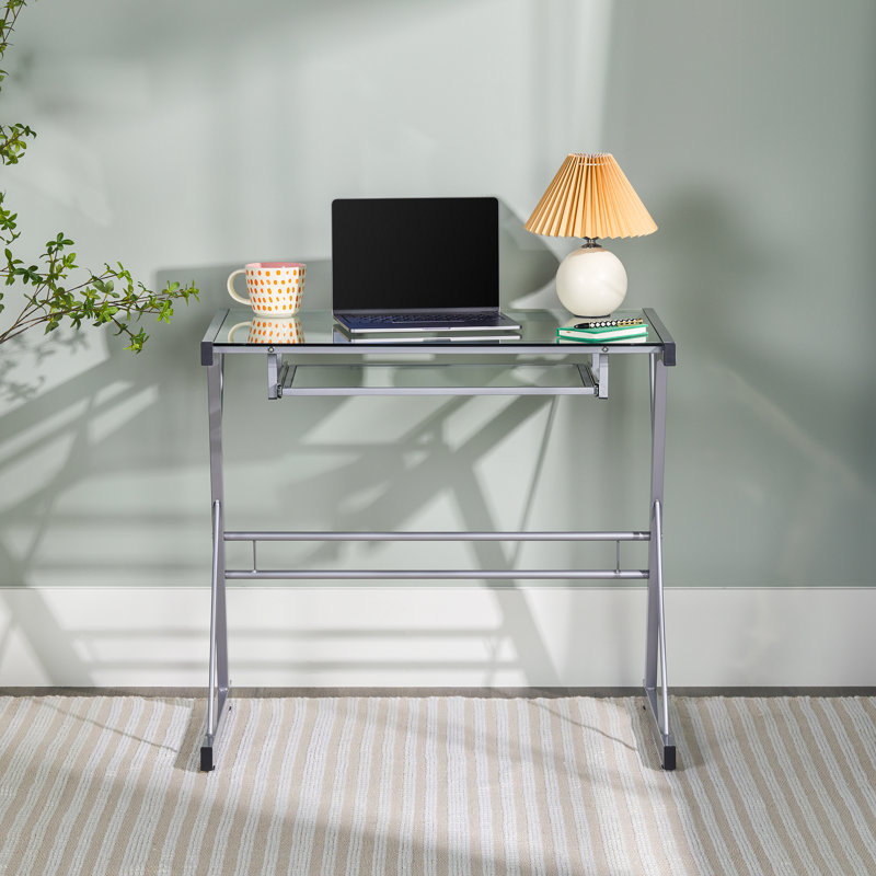Bryanna Glass Top Metal Base Computer Desk, Silver