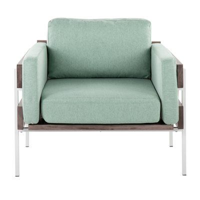 Kari Farmhouse Accent Chair In White Metal, Grey Wood And Light Green Fabric By Lumisource