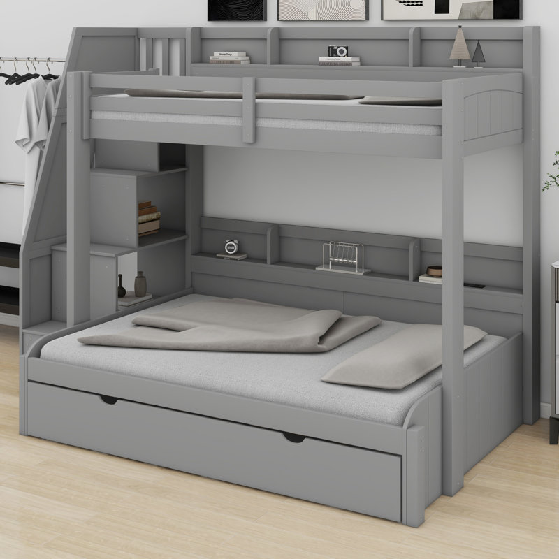 Integrated USB LED Storage Staircase Bunk Bed With Trundle, Gray