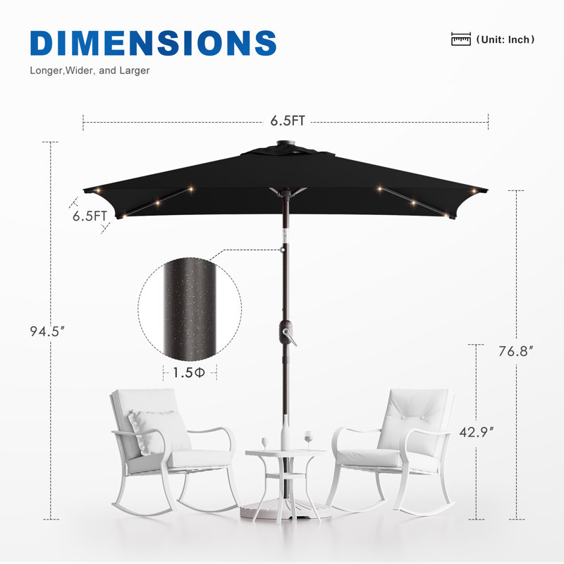 Parasol carré de 6,5 pi x 6,5 pi à DEL avec protection UV, inclinaison facile et résistance au vent, Noir