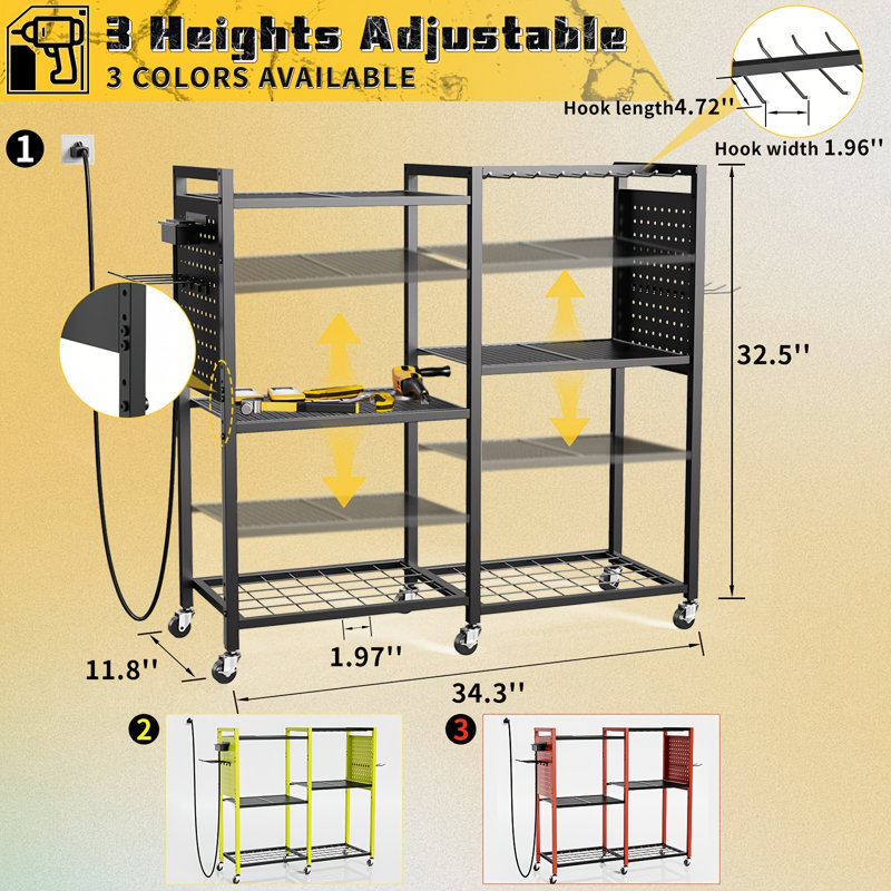  Power Tool Organizer with Charging Station,Rolling Tool Cart on Wheels with 12 Drills Holders, 5 Storage Shelves, Utility Rack Tool Box with Battery Charging Power Strip for Garage, Workshop,(Green)