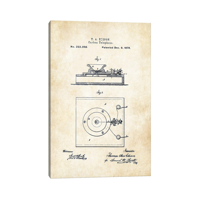 «Thomas Edison Carbon Téléphone» par brevet77 - reproduction de dessin sur toile tendue, H 26 po x l 18 po x 1,5 po