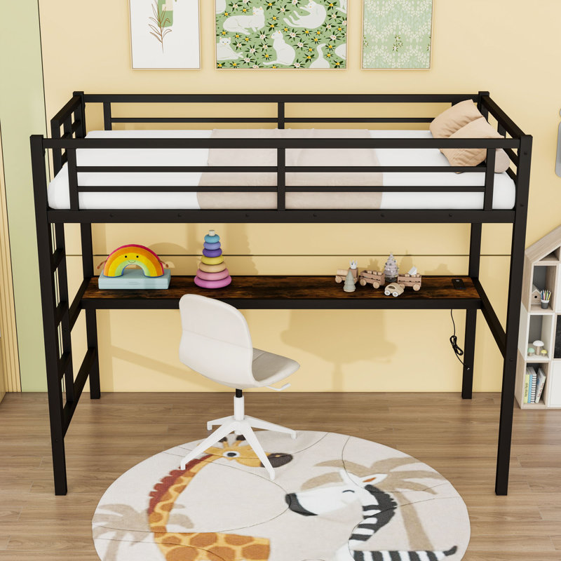 Metal Loft Bed With Desk, USB Port And LED Lights, Extra-Long Twin