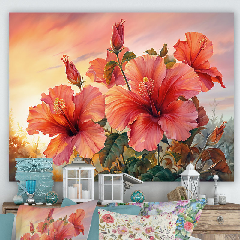 Hibiscus corail sur la plage I - Hibiscus, reproduction d'art mural, H 24 po x l 32 po x P 1 po, Toile tendue