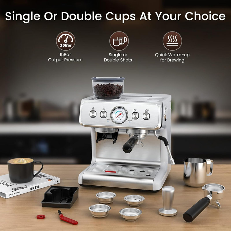Coffee Maker, 15 Bar, Semi-automatic, Intelligent Temperature Control, Overheat Protection, Auto Shut-off, Large 2.8l Water Tank, Dual Cup Brewing, For Home, Office, Coffee Shop