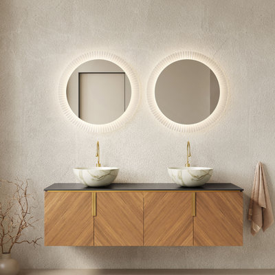 60" Bathroom Vanity & Sinks, Floating Plywood Bathroom Storage Cabinet With 4 Doors, 2 White Bowl Ceramic Basin With Stone Pattern And Sintered Stone