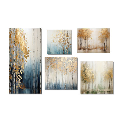 Minimalisme - Forêt bleue et dorée - ensemble de 5 impressions sur toile