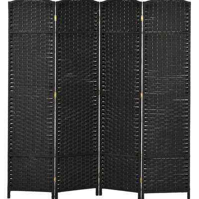 4 Panel Privacy Screen, 5.6' Tall Folding Room Divider For Bedroom/Home Office. Black With Hand-Woven Pattern & Arched Top. Versatile Partition And Style. Wood Frame, Polypropylene Webbing.