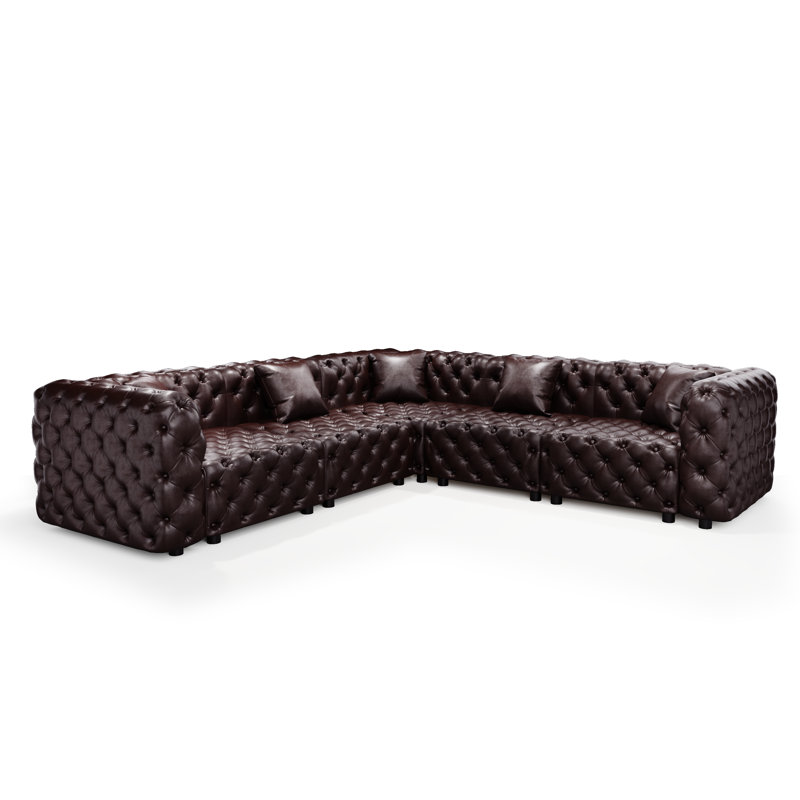 Canapé Chesterfield modulaire en forme de L de 132,5 po, canapé modulaire 5 places, canapé modulaire avec 5 coussins, 5, Brun