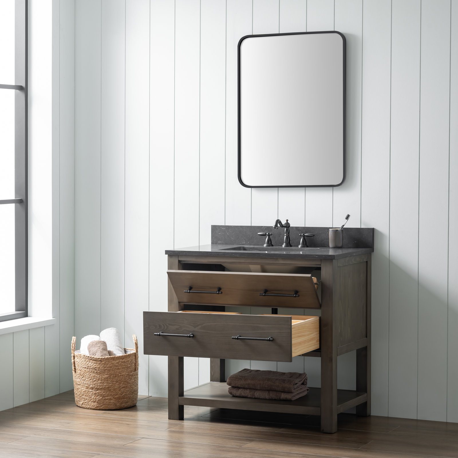 36" Pine Single Bathroom Vanity, Smoke Gray/Matte Black