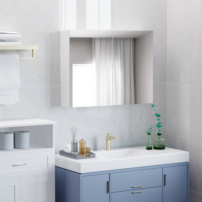 Armoire de salle de bain avec miroir - 31,5 po X 23,5 po, style moderne, grande capacité de rangement, charnières de porte silencieuses, blanc avec esthétique, rangement interne,
