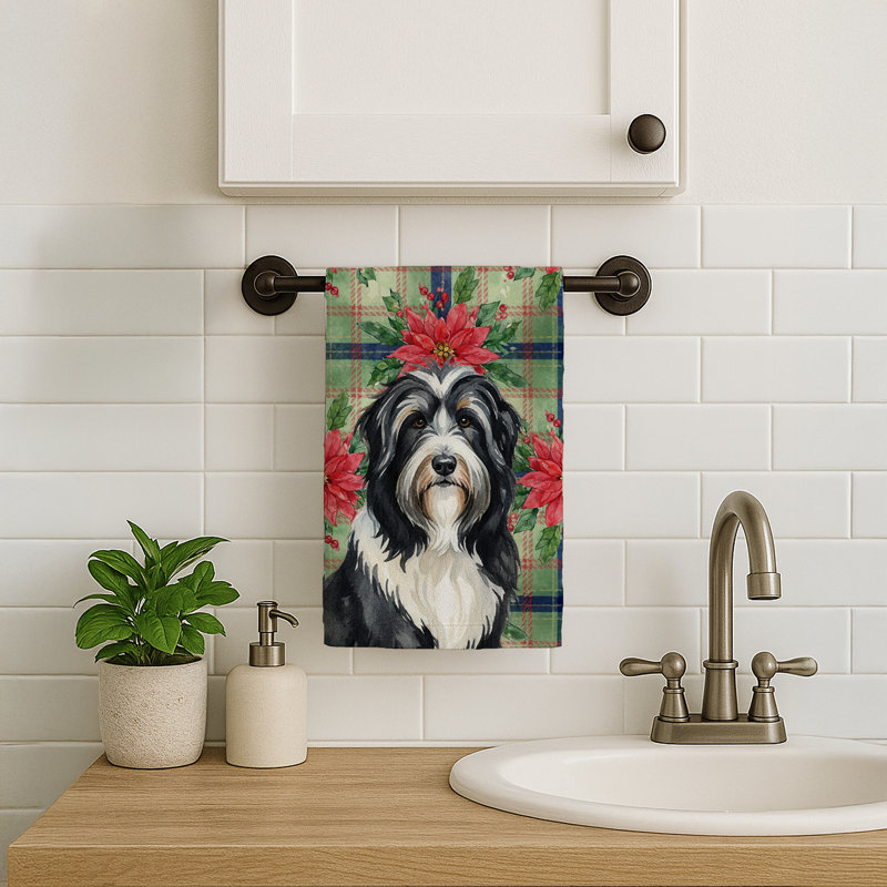 Black Bearded Collie Christmas PoinsettIas Kitchen Towel, Black Bearded Collie