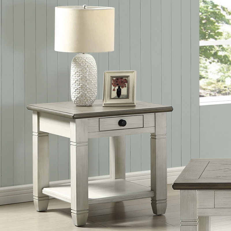 Table de bout 1Pc avec tiroir et tablette inférieure, Blanc antique