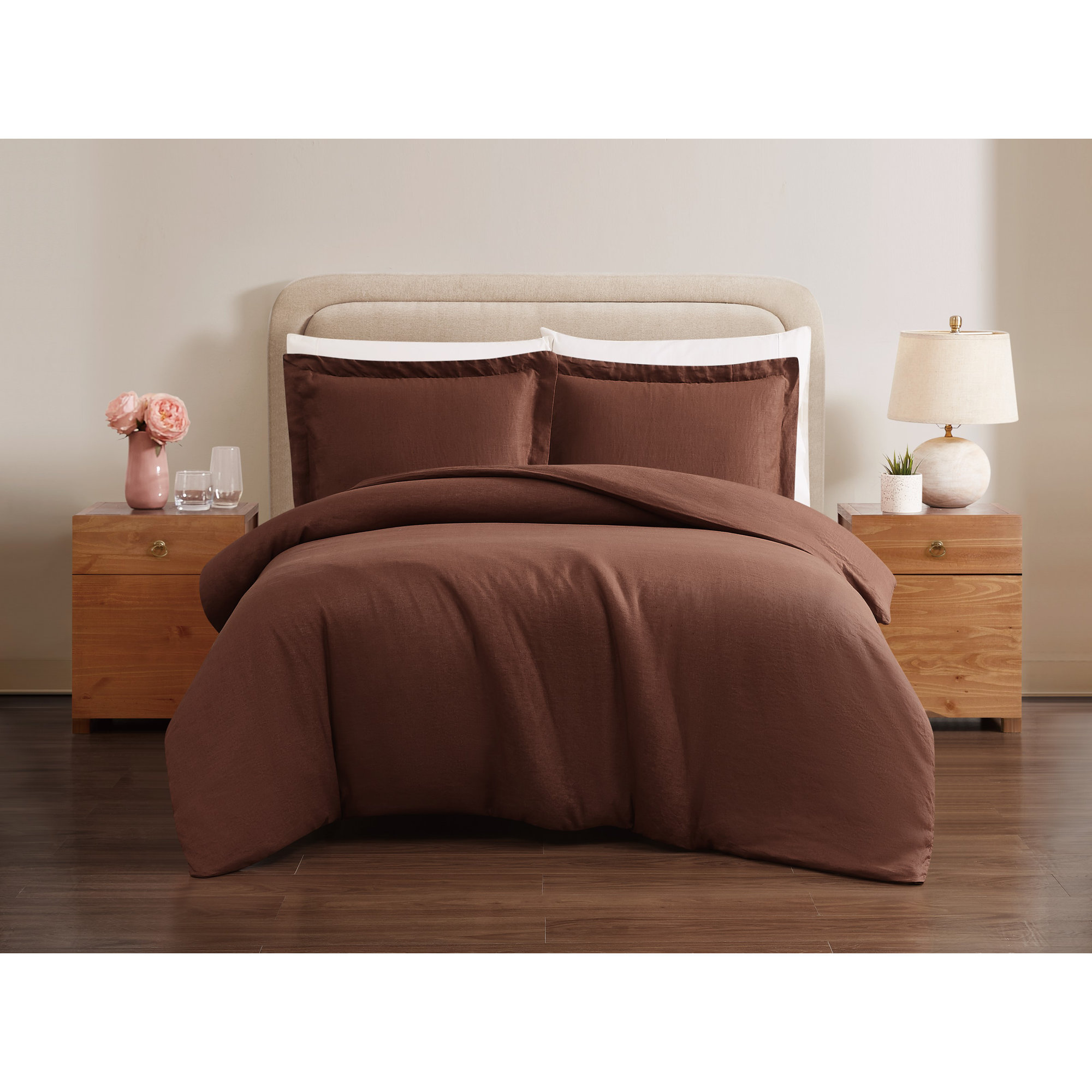 Nena 100% Linen Percale Duvet Cover Set, Full/Queen Duvet Cover + 2 Standard Shams, Brown