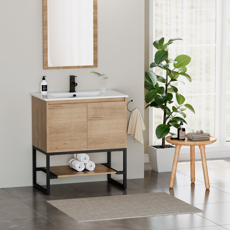 Azai 30'' Modern Single Bathroom Vanity Set with Sink Top, Faucet, Open Shelf, Metal Frame, Nature
