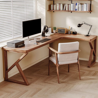 Bureau d'écriture en L en bois massif brun noisette