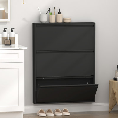 Metal Shoe Cabinet with 3 Flip Drawers, Wall Mounted Shoe Organizer