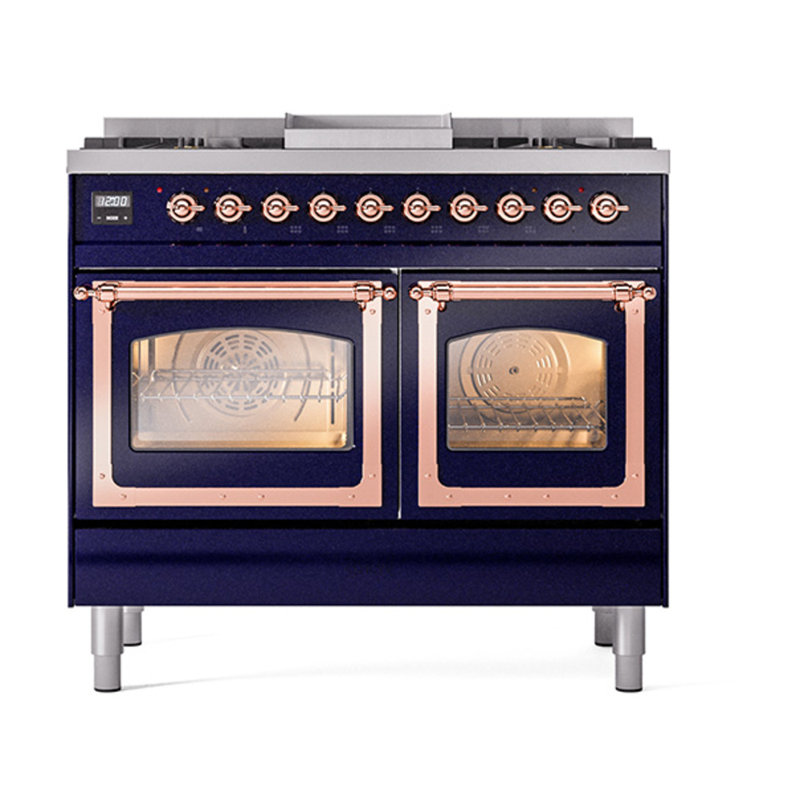 ILVE Nostalgie II Series Noblesse 40 inch Dual Fuel Range with 6 Sealed Burners, Griddle (Glass Door), Midnight Blue/Copper