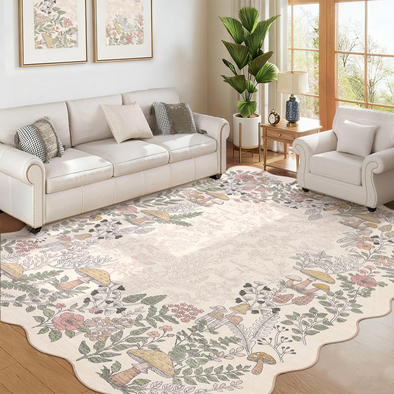 Mushroom Scalloped Floral Washable Non-Slip Area Rug Low Pile Soft Thin Botanical Carpet for Living Room Bedroom Dining Room Playroom