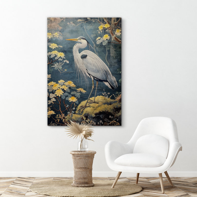 «Blue Heron in Lotus Garden», reproduction d'art sur toile encadrée d'inspiration orientale pour une salle de bain zen tranquille ou un décor d'étude serein