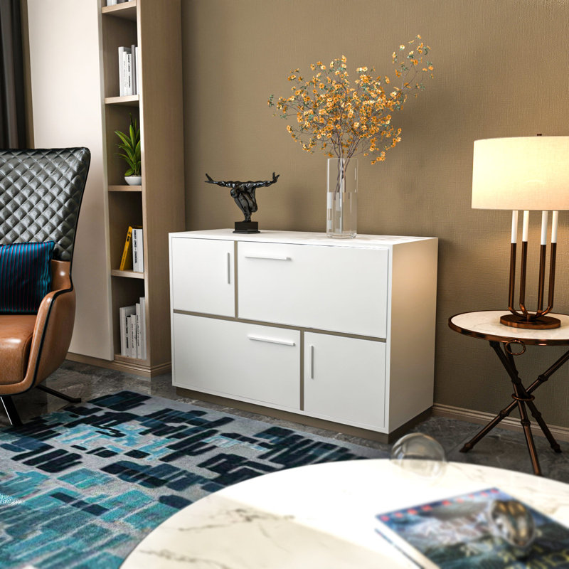 Modern Console Table, White & Walnut, 28.3 x 32.7 x 16.5 inches | 100% Melamine Coated Particle Board, Thickness: 0.7 inches | Scandinavian Design, Stylish Storage Solution for Living Room & Entryway