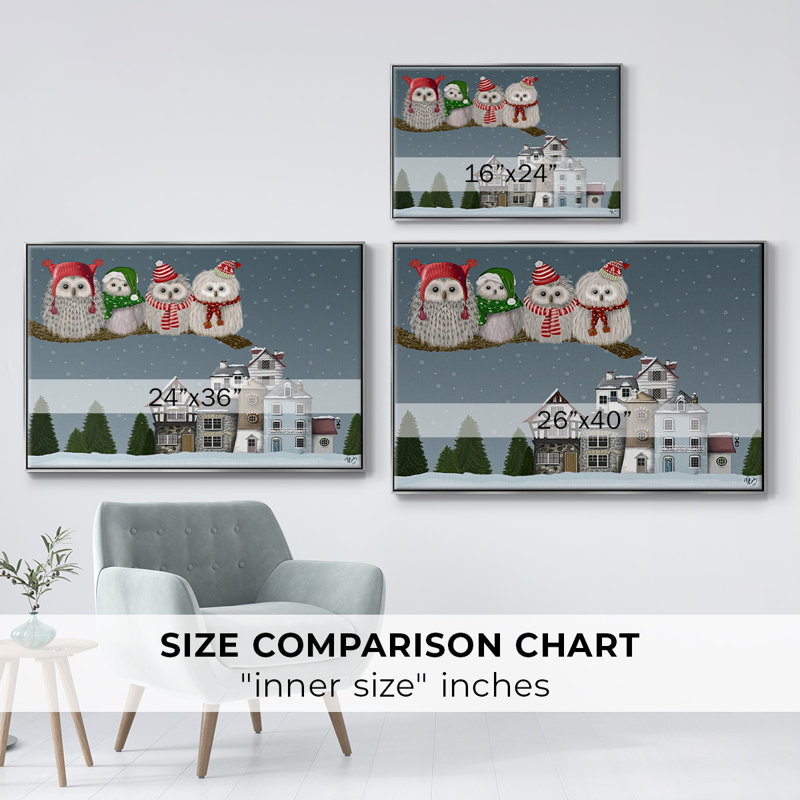 Christmas Christmas Owl Village, reproduction d'art sur toile, H 17 po x l 25 po x P 1,5 po, Encadrement argenté