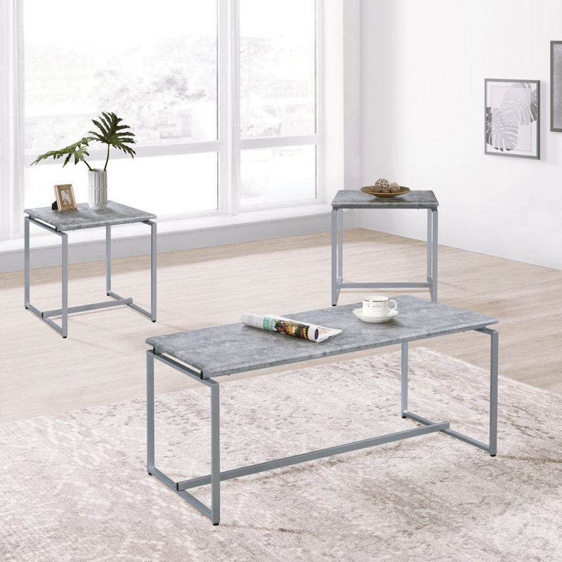 Ensemble de tables basses 3 pièces Eduino, Argent, Imitation béton