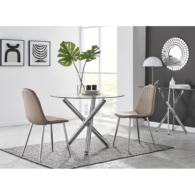 Seline Modern Round Dining Table Set in Glass and Chrome with 2 Luxury Faux Leather Dining Chairs, Cappuccino/Silver