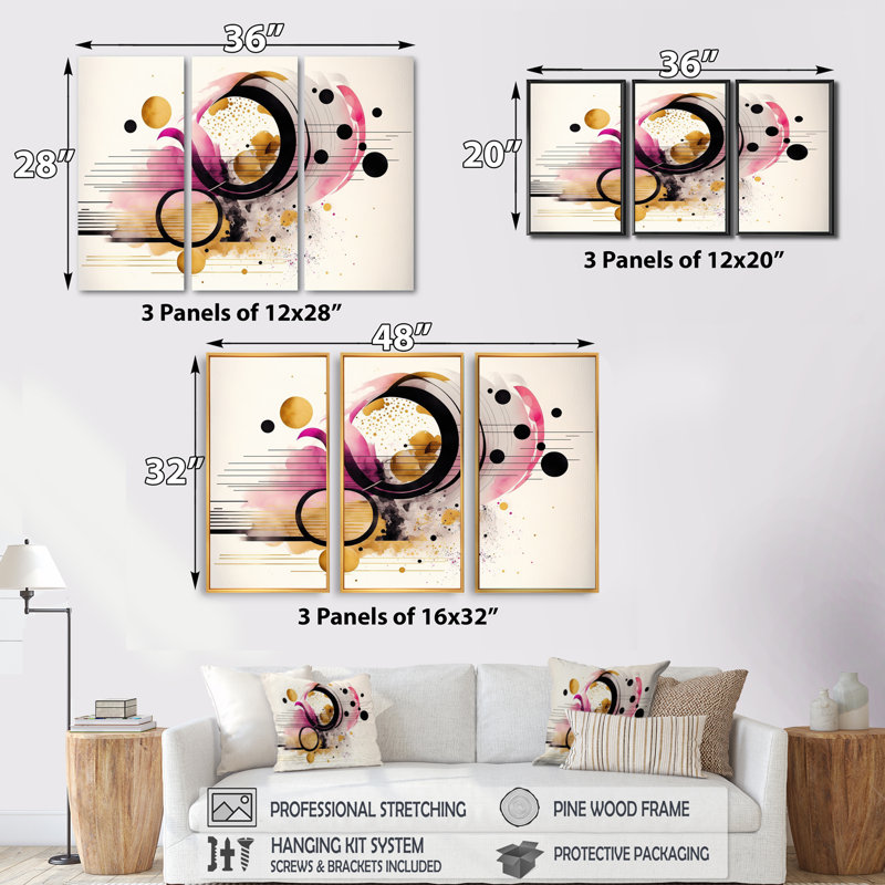 " Pink Abstract " 3 - Pieces, 32" H x 48" W x 1" D, Gold Framed