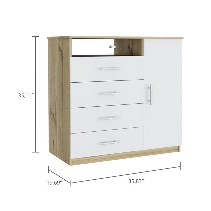 Sierra Dresser with Four Drawers, One Compartment and Open Shelf, Freestanding Bedroom Storage, Light Oak/White