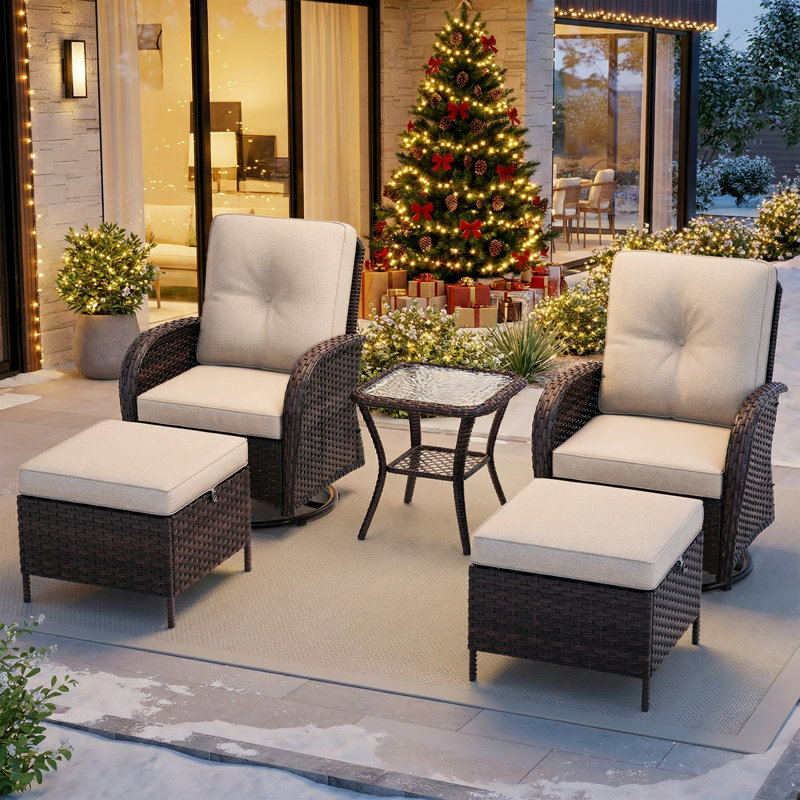 Ensemble de patio extérieur en osier pour 2 personnes avec chaises, repose-pieds, table d'appoint et coussins beiges, Beige
