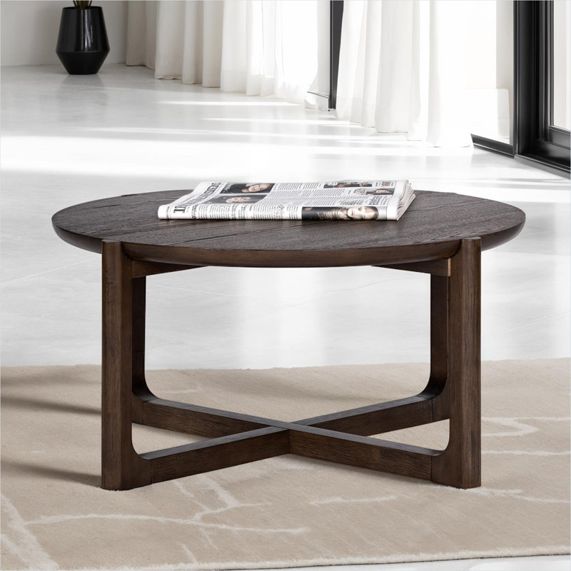 Table basse ronde avec base à tréteaux, finition brune, diamètre de 35,5 pouces, centre de table de salon