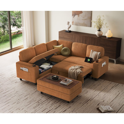 Sherry Corduroy Sleeper Sectional With Storage Chaise,Ottoman And USB Charging