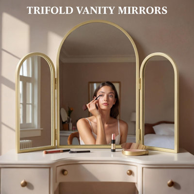 Trifold Vanity Mirrors 3 Way, Arched Adjustable Trifold Mirror, Folding 3 Sided Mirror Wall Mounted for Braiding Hair Bathroom Bedroom Makeup, Gold