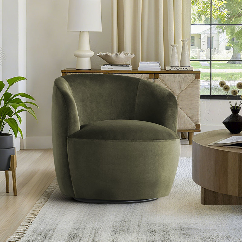 27" Wide Velvet Small Swivel Barrel Accent Chair, Green