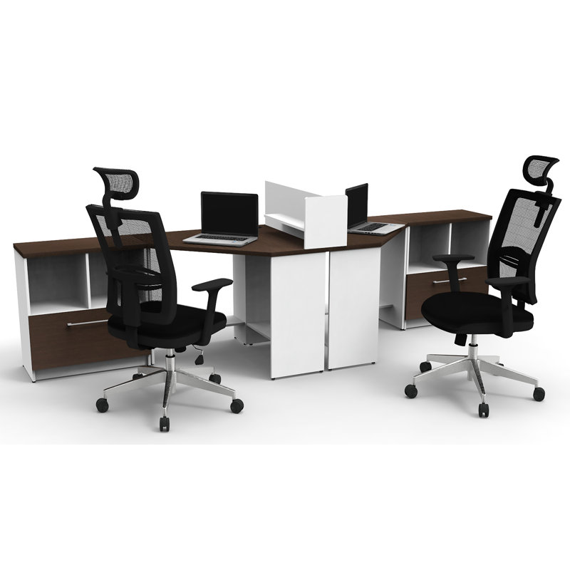 Benching Desks Teamwork Corner Desk Collaboration Furniture Model 0C799389BD55420EA7EAB80798773D12 5Pc Group Contemporary White/Espresso Color. Seating Not Included